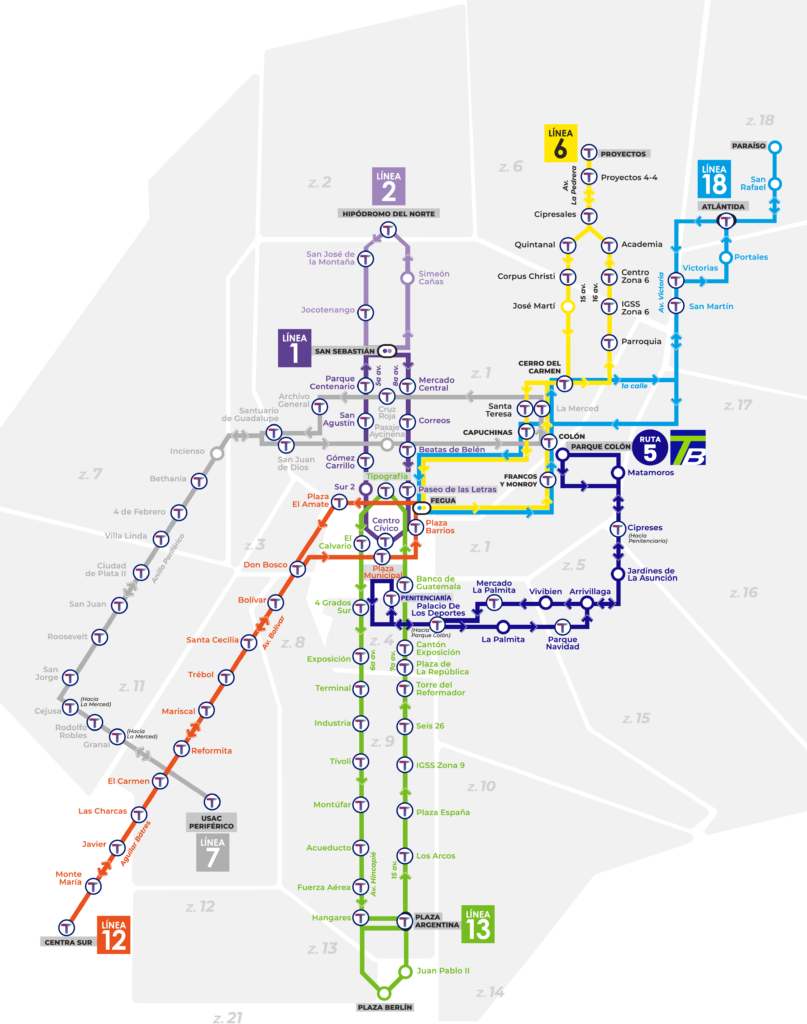 Mapa de paradas del Transmetro con máquina de recarga de Tarjeta Ciudadana por línea
